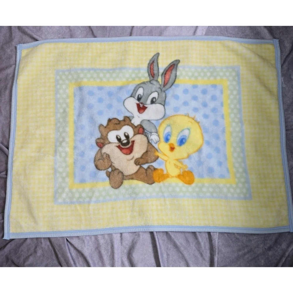 VTG Baby Looney Tunes Tweety Bird Bugs Bunny Taz Baby Blanket Yellow Blue
